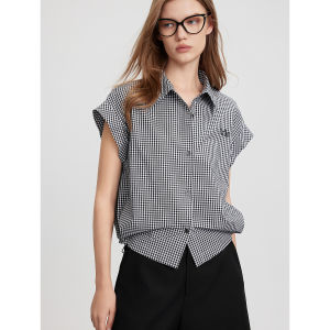 Elle French Style Shirt Womens Summer 2025 Casual Cotton Embroidered Plaid Design Commute Wind Sleeveless Button-up Shirt