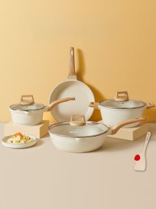 Mingjue Full Set of Kitchenware Non-Stick Frying Pan Stone Material Three-Piece Set Induction Cooker Home Use Cooking Utensils