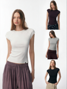 ANNACHIC | Áo Thun Ngắn Ôm Body Cổ Tròn Dáng Xòe Tay Hourglass
