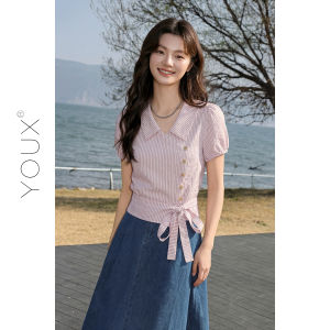 YOUXIANG | Áo Sơ Mi Ngắn Tay Chéo Sọc Nhỏ