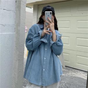 Kemeja Korduroi Retro Wanita Gaya Korea Longgar Lengan Panjang Pola Smiley Atasan Modis Kasual