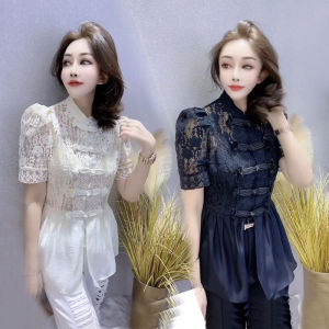 Fashionable Chinese Style Short Sleeve Lace Shirt Womens Waist-Cinching Button up Top Half Sleeve Tang Suit Retro Fashion
