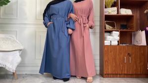 Muslim Women Abaya Dress Set With Hijab Bubble Elastic Sleeve Side Pocket Loose Long Robe Dubai Turkey Islamic Modest Maxi Dress
