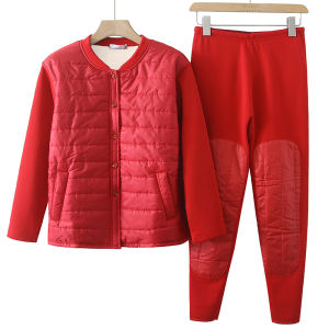 Thickened Fleece Warm Underwear Set for Middle-Aged And Elderly Women Red Lucky Year Clothing Long Pants Casual Style Winter Wear