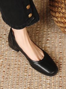 Ultra-Soft Square-Toe Slip-On Leather Shoes Medium Heel Mom Shoes Brown Casual Fashion Single Shoes for Women New 2024