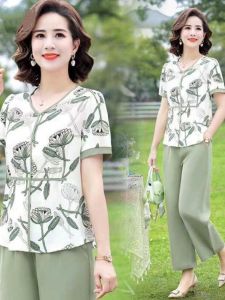 Fashionable V-Neck Short Sleeve Shirts And Pants Set for Middle-Aged Women Summer New Arrival Chiffon Top Loose Fit Nine-Piece Pants