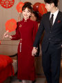 Red Wedding Dress Cheongsam Style Long Sleeve Fitted Evening Gown for Brides Custom Made Engagement Party Chinese Style Revamp. 