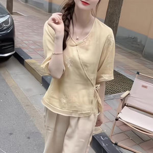 Shalldoer | Summer Beautiful Small Set Womens Casual Embroidered Button Shirt Nine-Piece Pants Two-Piece Set Round Neck Sleeve-Length Mid-Sleeve