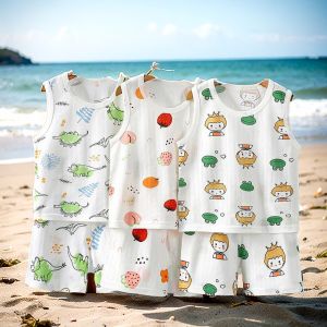 Pure Cotton Summer Lightweight Sleeveless Vest Set Baby Sleepwear Breathable Childrens Clothing Short Pants round Neck Casual