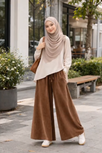 D3 Premium Cotton Women Palazzo Korean Style Elegant Flowy Muslimah Wide Leg/ Seluar Wanita Labuh Koton Kasual 1168