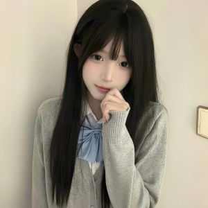 Natural Black Long Straight Full Head Wig Womens Hairpiece Airy Bangs Fluffy Everyday Whole Head Synthetic Hair Cover