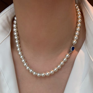 สร้อยคอจี้มุกเงินแท้สีฟ้าสำหรับผู้หญิง เครื่องประดับแฟชั่นฤดูใบไม้ร่วง/ฤดูหนาว เครื่องประดับพร้อมกระดุมทองคำสำหรับผู้หญิง