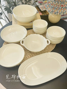 Ceramic Cream Color Dinner Plate Dessert Salad Bowl Set with Double Ears round Dish Home Use Deep Plate China Origin
