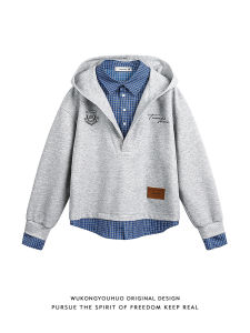 WUKONGYOUHUO | Áo Hoodie Phối Nỉ Giả Hai Mảnh Phong Cách Học Thuật Mỹ Cổ Điển Nam
