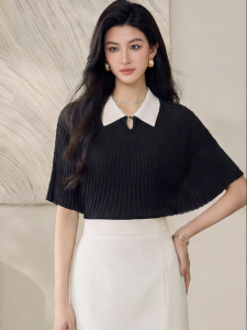 Roey s house | French Style Black and White Contrast Viscose Knitted Fitted Cape Sleeve Blouse
