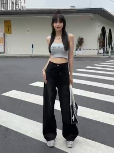 Sun Kissed #1699 กางเกงยีนส์ผู้หญิ สไตล์เกาหลี กางเกงยีนทรงกระบอก ยีนส์เอวสูง ยีนส์ขายาว