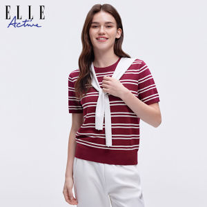 ELLE Active | ELLE Active Womens Fashionable Striped Knitwear Ice-Cold Breathable Short Sleeve T-Shirt Summer Lightweight Round Neck Top