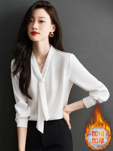 Thickened Fleece Womens Work Shirt White Shapely Cuff V-neck Business Style Commute Fashion Polyester Fiber Straight Cut