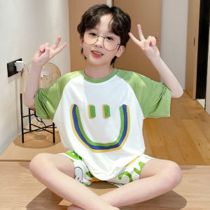 Miiow | Ice Silk Childrens Sleepwear Short Sleeve Home Clothes Set For Boys Summer Breathable Cool Feeling Polyester Spandex Shorts