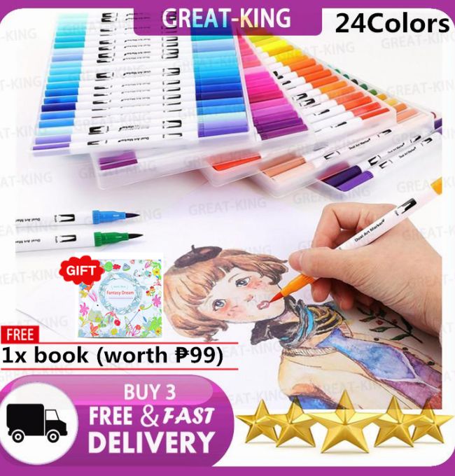Great-King Watercolour Pen Brush Set 24 Colours Dual Tip Brush Pens  Soft Flexible Art Marker Pens Create Watercolor Effect For