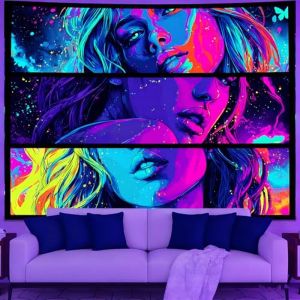 VIKAMA Neon Triptych Tấm Thảm Treo Tường Chân Dung Nữ Bầu Trời Đầy Sao Vũ Trụ Nghệ Thuật Pop Khung Đen Cầu Vồng Huỳnh Quang Trang Trí Phòng Ngủ