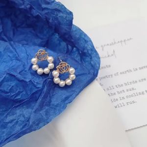 [141] S925 silver needle earring daily wear with pearl exquisite and simple French rose earrings ins style high-end earrings