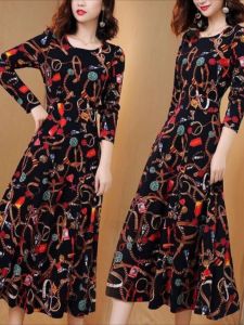 ชุดเดรสยาวผ้าถักแขนยาวพิมพ์ลายฤดูใบไม้ผลิ 2023 กระโปรงยาวคลุมเข่าเอวสูง กระดุมแขน ชุดเดรสยาวคลุมเข่า