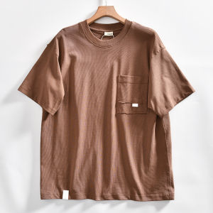 Designer Line High Weight Cotton Washed Mens Summer Casual Pure Color Pocket Short Sleeve T-shirt Trendy Breathable Standard Fit