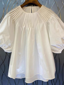 เสื้อเชิ้ตแขนสั้นสไตล์ฝรั่งเศสแบบมีตะเข็บ แขนพอง ทรงเข้ารูป ผ้าไหม แฟชั่นฤดูใบไม้ผลิ 2024 สำหรับผู้หญิงวัย 18-24 ปี