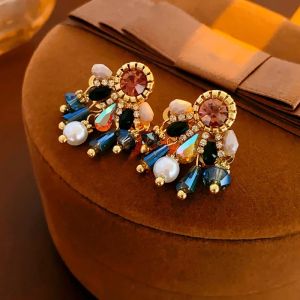 Vintage Colorful Rhinestone Water Drop Earring for Women Imitation Pearl Crystal Beads Earrings with Tassel Ear Jewelry K-