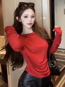 GUZILIAN | Red Pleated Splice Slim Fit Knitwear Womens Fashionable Beautiful Base Layer Winter Long Sleeve Round Neck Solid Color Top