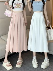 plus Size High Waist A-Line Midi Skirt White Pleated Womens Autumn Fashion Slimming Umbrella Skirt Commute Korean Style