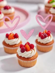 YOMDID 24Pcs Heart Cupcake Toppers Glitter Heart Cake Toppers For Valentines Day Wedding Birthday Cake Decoration Supplies