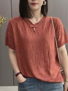 New Chinese Style Short Sleeve Thin T-shirt Women 2024 Summer New Arrival Retro Temperament Western Style Middle-Aged Knitted Shirt
