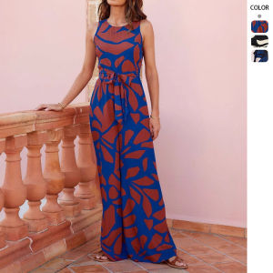 Romper Maxi Trendy in Hoa Eo Thắt Nơ Váy Ngắn Không Tay Cạp Cao Mùa Đông 2024 Vải Polyester Váy Nữ