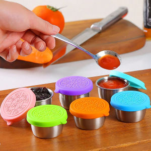 1/4Pcs Stainless Steel Dipping Sauce Cups Condiment Dishes With Leakproof Silicone Lids Reusable Salad Dressing Food Container