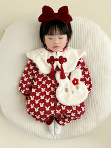Princess Style Baby New Year Outfit Winter Thickened Fleece Romper One Piece Clothes Hundred Days Celebration Baby Girl Clothes