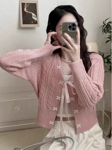 Gentle Korean Series Chic Beautiful Cardigan sweater Women Spring and Autumn New Loose Short Bow Soft Glutinous Chic Outerwear