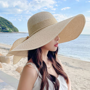 1Pc Womens Seaside Bow Beach Hat Oversize Straw Hat Womens Summer Sun Block Big Brim Hat Suitable For Sun Protection