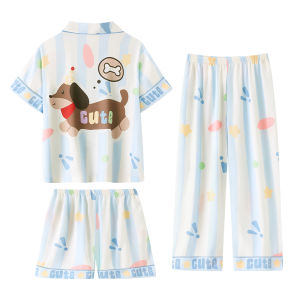 Miiow | Cat Person Childrens Sleepwear Ice Silk Thin Short Sleeve Set Home Clothes For Girls Spring Summer Breathable Moisture Wicking