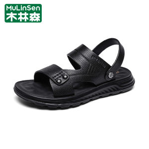 Mens Leather Sandals Summer Outdoor Beach Shoes Anti-Slip Top Layer Cowhide Two-Way Slip-On Flats Casual Flat Heel PU Insole