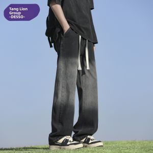 Loose Fit American Style Gradient Drawstring Jeans Mens Summer New Style Straight Leg Pants Casual Wear Youth Trend