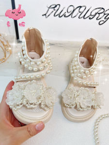 Princess Style Pearl Decorated Roman Sandals for Girls Soft Bottom Exposure Toe Summer Slippers Childrens Anti-slip Shoes