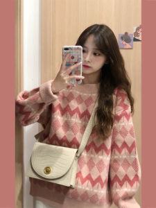 Retro Lazy Style Womens Sweater Soft Plump Cute Thickened Loose Autumn Winter Outerwear Warm Fluffy Knitted Long Sleeve round Neck Sweater