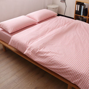 Afishtang Pink with Small Cells Japanese Style Plaid Pure Cotton Bed Sheet Duvet Cover Pillowcase Fitted Sheet 100% Cotton Quilt Cover Minimalist