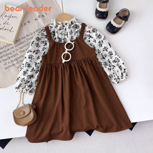 Bear Leader Spring and Autumn Girls Dress Suit Korean Version Long Sleeved Flower Printed Top + Strap Dress Two Piece Set 2-6 Years Fashion Wear
