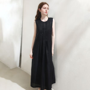 Miccbeirn | Pure Linen Long Sleeveless Dress Flash Spray Gold A-Line Skirt High Waist Commute Style Summer Season Simple Folded Hemline