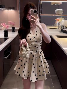 French Vintage Style Polka Dot V-neck Bows Halterneck Dress Female Summer New Elegant Fitted Waist Backless A- line Skirt