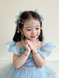 Blue Mermaid Princess Hair Clip Childrens Bow Knot Forehead Chain Headwear Tassel Ear Hanging Girls Hair Accessories