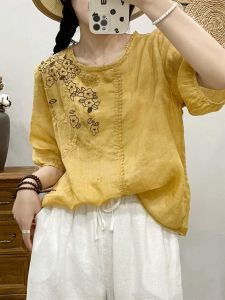 Elegant Embroidered Thin Cotton Linen Ladies Shirt Summer Loose Overhead Shirt Beautiful Cotton Linen Top for Young Women